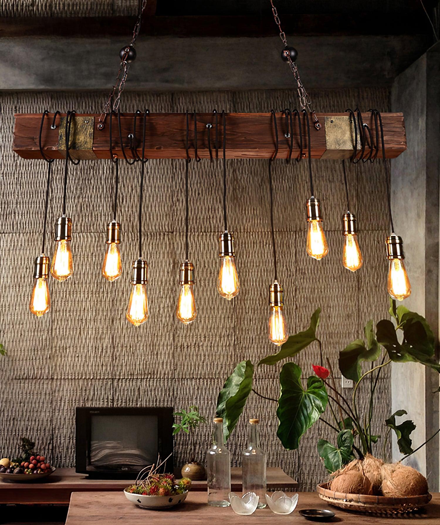 Industrial Rustic Wood Beam 10 Light Island Pendant Light for Farmhouse Kitchen