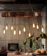 Industrial Rustic Wood Beam 10 Light Island Pendant Light for Farmhouse Kitchen
