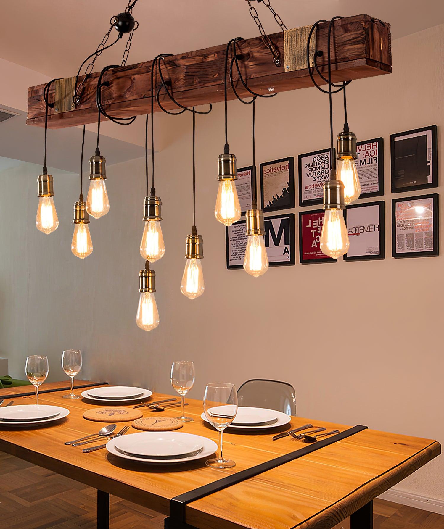 Industrial Rustic Wood Beam 10 Light Island Pendant Light for Farmhouse Kitchen