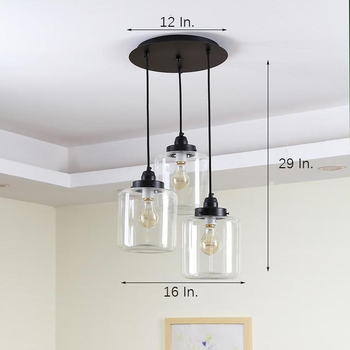 Industrial Three Light Glass Foyer Chandelier with Clear Shades for Dining Room