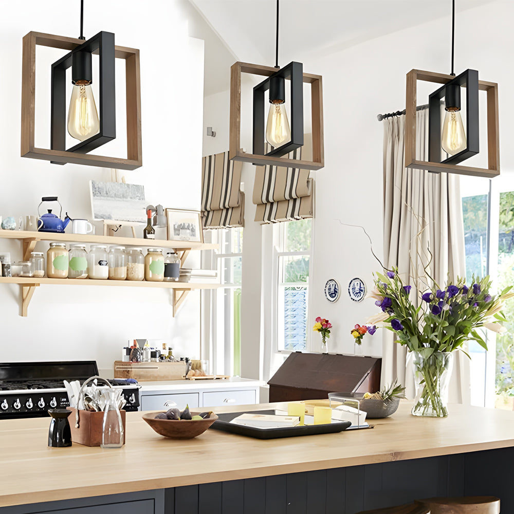 Industrial Wood Frame Linear Chandelier Vintage American Style Dining Room and Kitchen Island Pendant Light