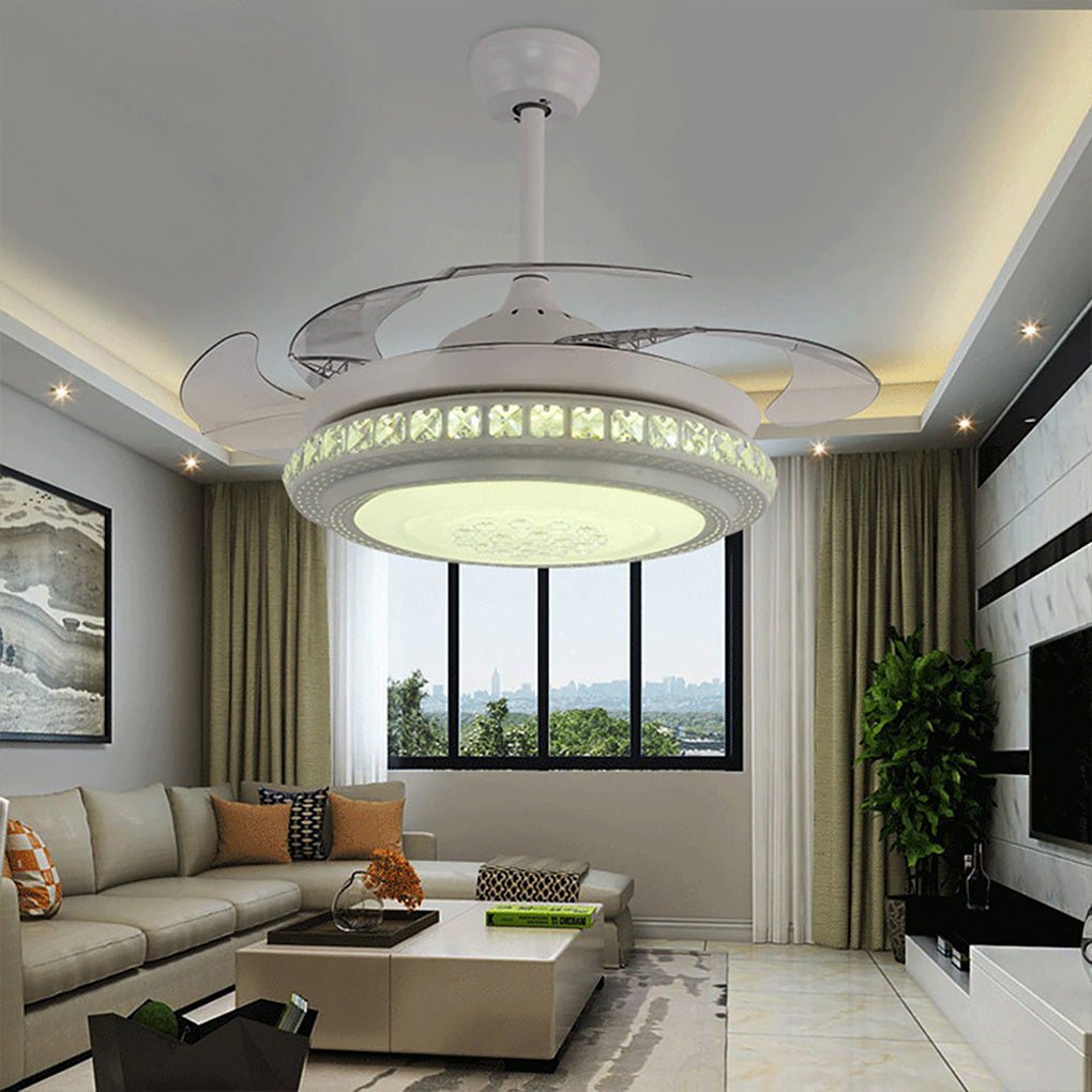 Modern Retractable Blade LED Ceiling Fan with Dimmable Light and Remote Control Function