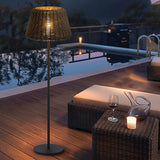 IP65 Waterproof Hand Woven Rattan Outdoor Floor Lamp with Black Metal Base and Synthetic Shade