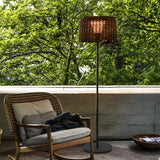 IP65 Waterproof Hand Woven Rattan Outdoor Floor Lamp with Black Metal Base and Synthetic Shade