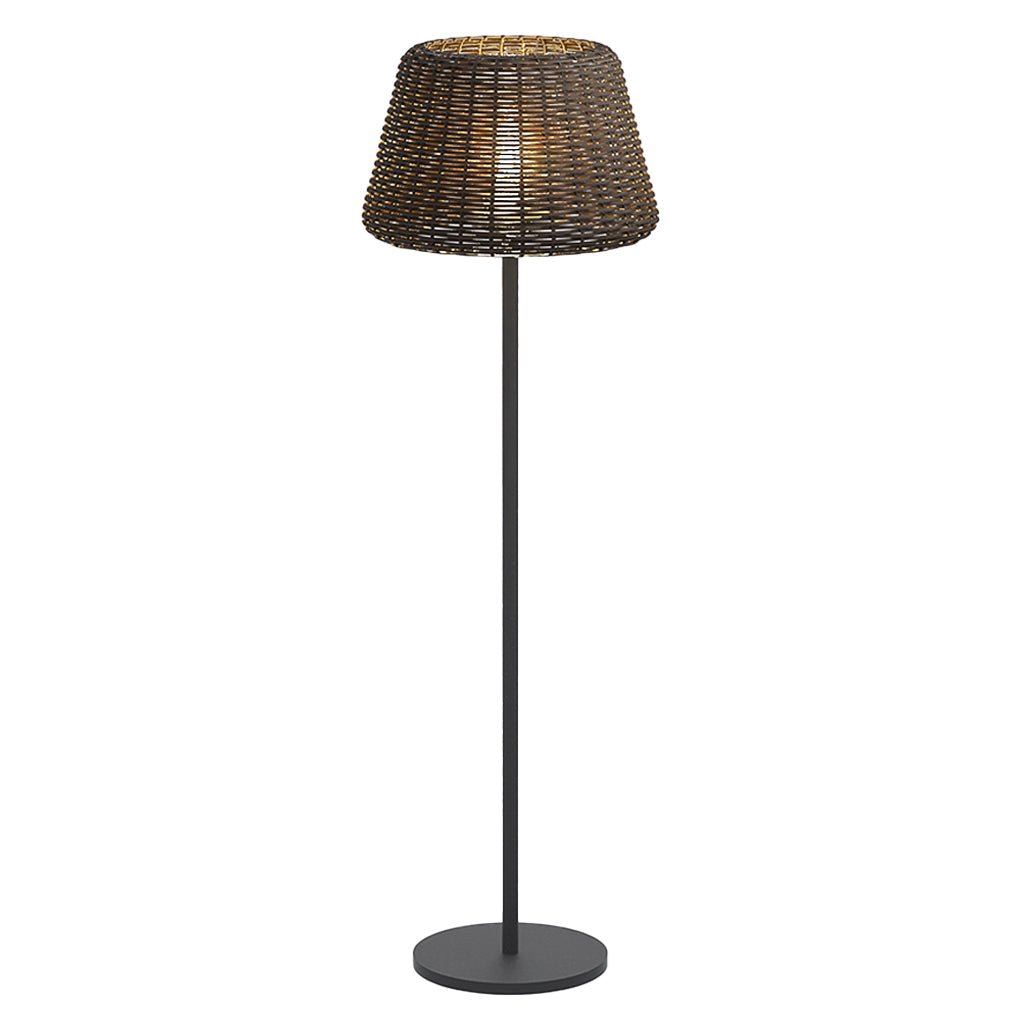 IP65 Waterproof Hand Woven Rattan Outdoor Floor Lamp with Black Metal Base and Synthetic Shade