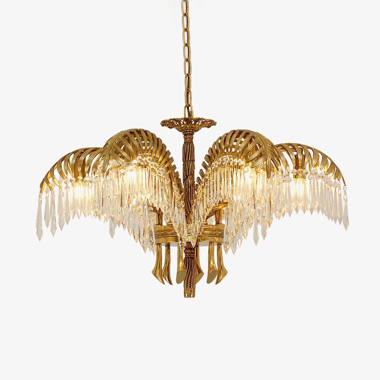 Italian Style Brass Palm Leaf Crystal Chandelier Vintage Flush Mount Ceiling Lamp