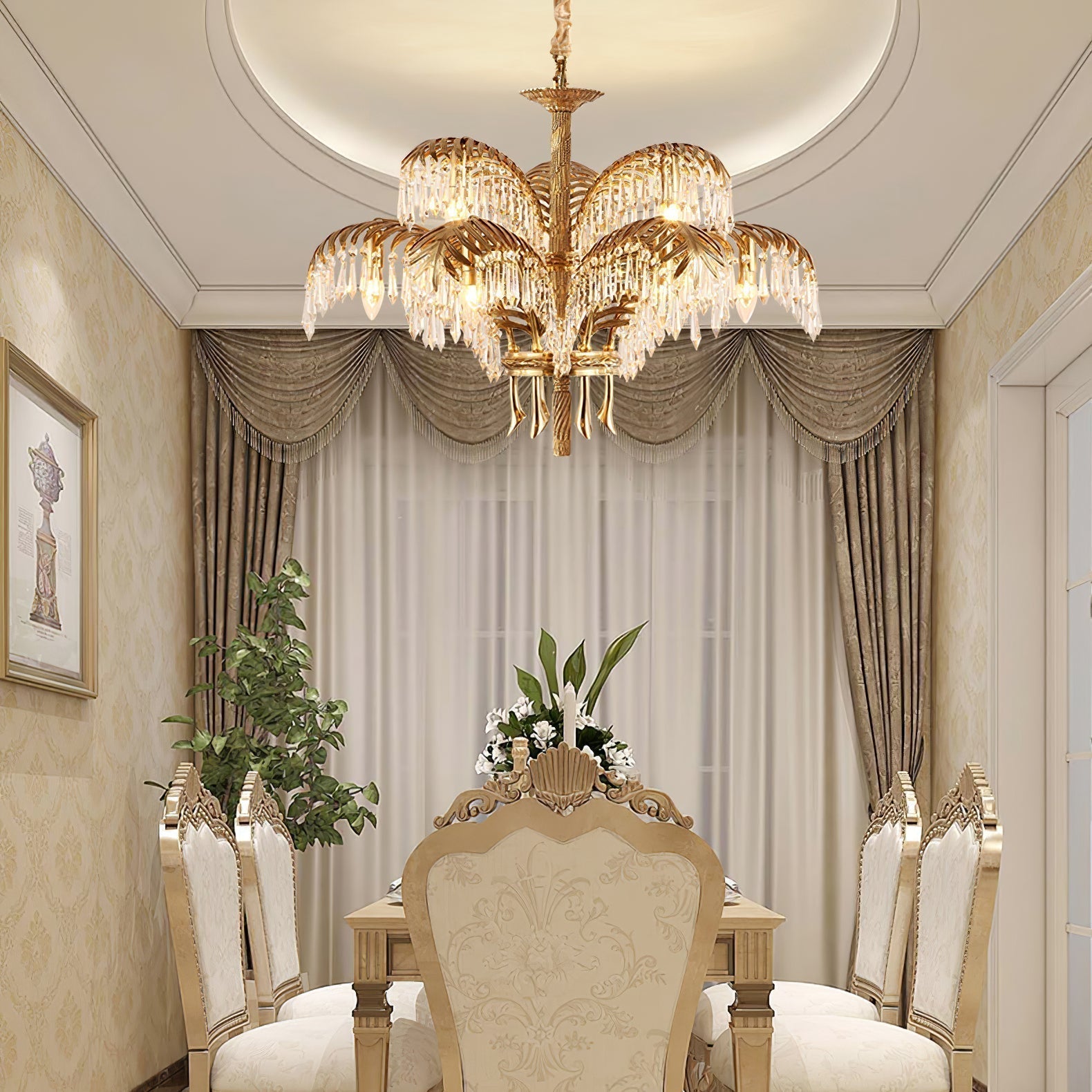 Italian Style Brass Palm Leaf Crystal Chandelier Vintage Flush Mount Ceiling Lamp