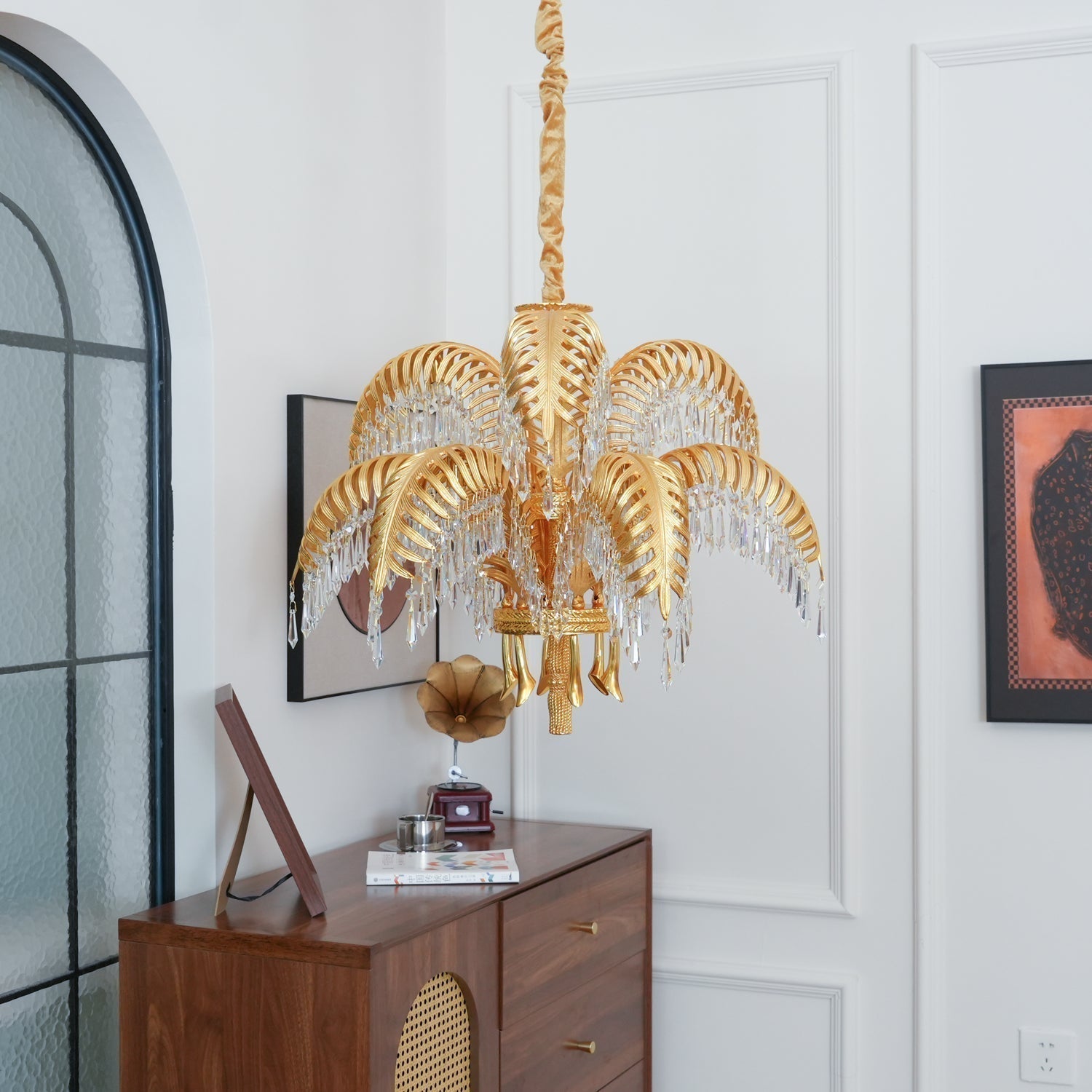 Italian Style Brass Palm Leaf Crystal Chandelier Vintage Flush Mount Ceiling Lamp