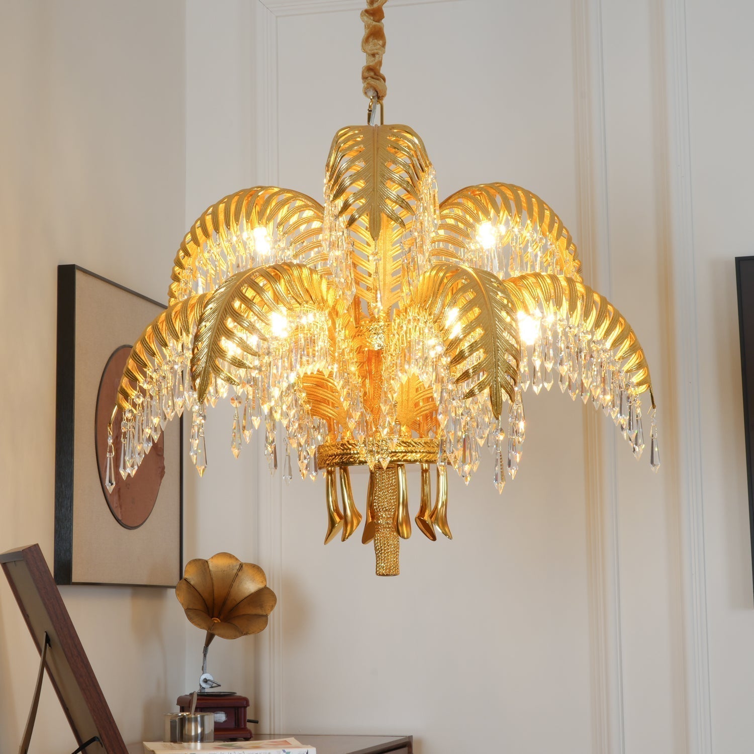 Italian Style Brass Palm Leaf Crystal Chandelier Vintage Flush Mount Ceiling Lamp
