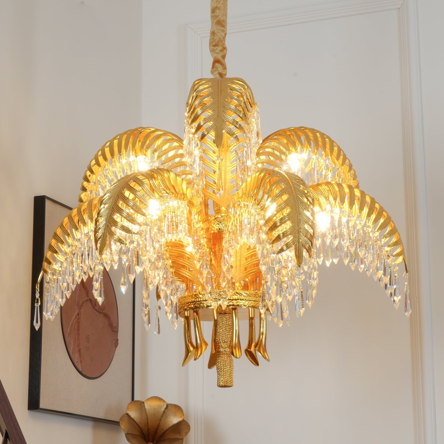 Italian Style Brass Palm Leaf Crystal Chandelier Vintage Flush Mount Ceiling Lamp
