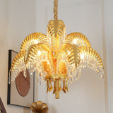 Italian Style Brass Palm Leaf Crystal Chandelier Vintage Flush Mount Ceiling Lamp