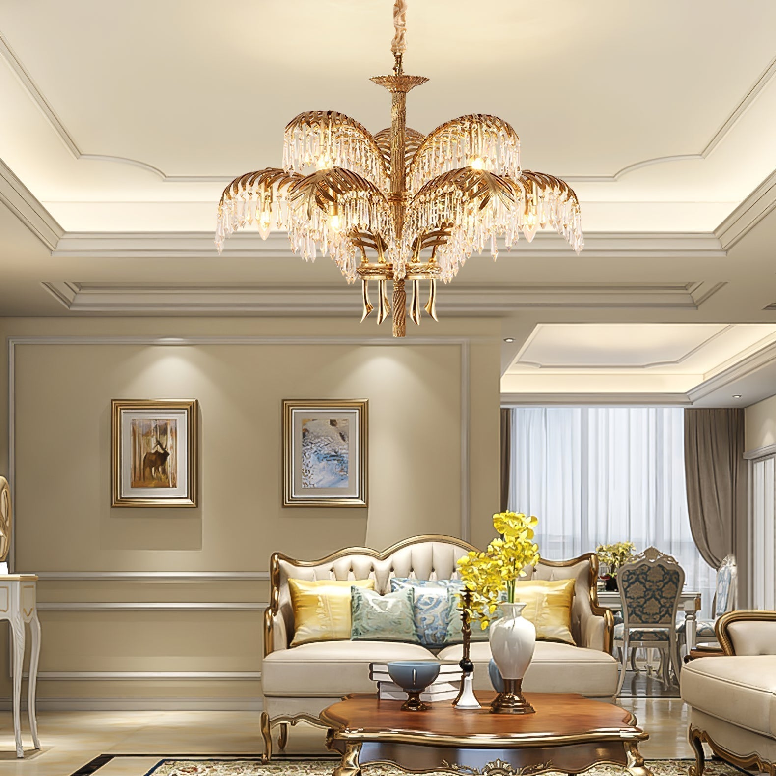 Italian Style Brass Palm Leaf Crystal Chandelier Vintage Flush Mount Ceiling Lamp