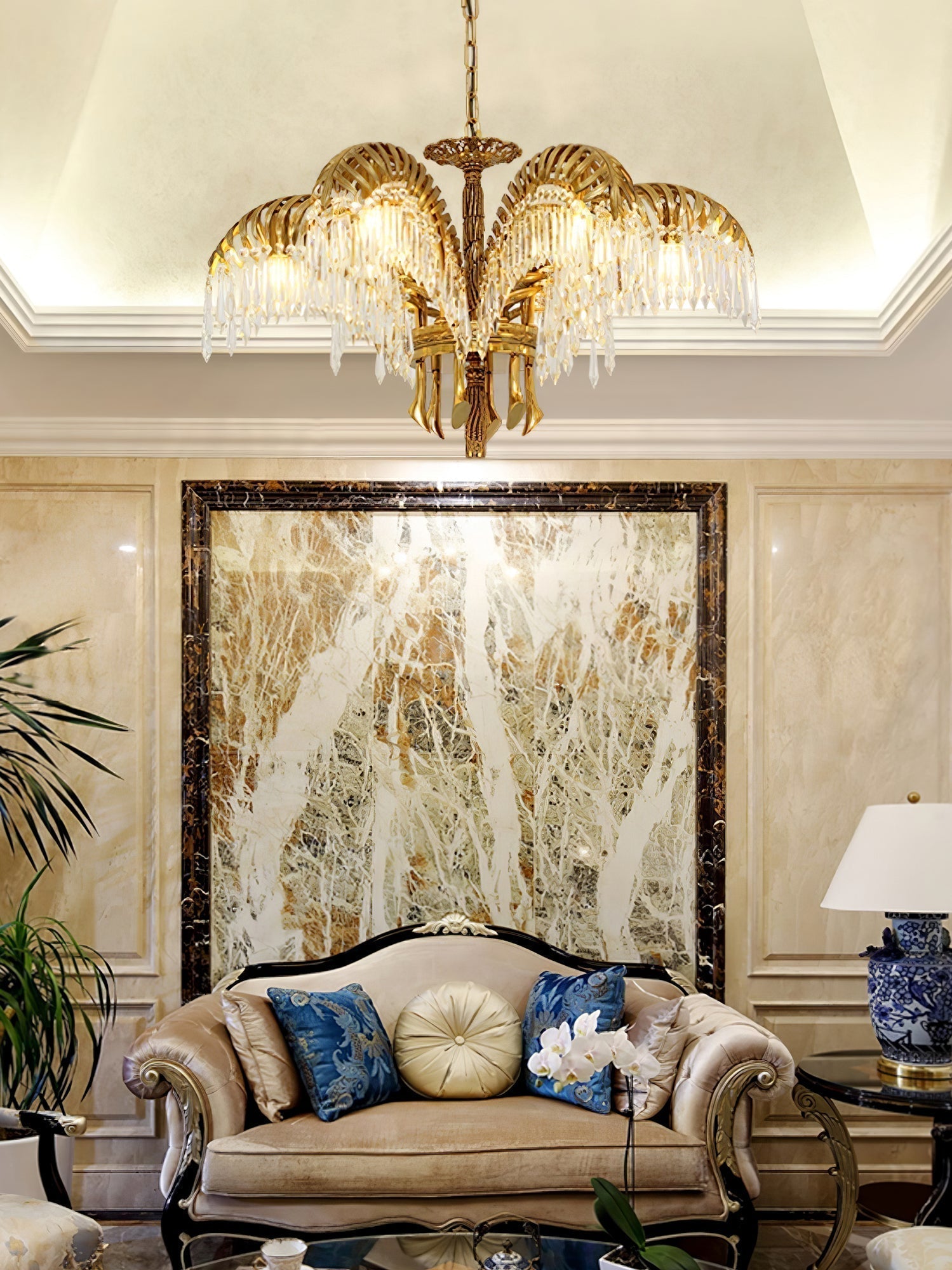 Italian Style Brass Palm Leaf Crystal Chandelier Vintage Flush Mount Ceiling Lamp