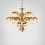 Italian Style Brass Palm Leaf Crystal Chandelier Vintage Flush Mount Ceiling Lamp