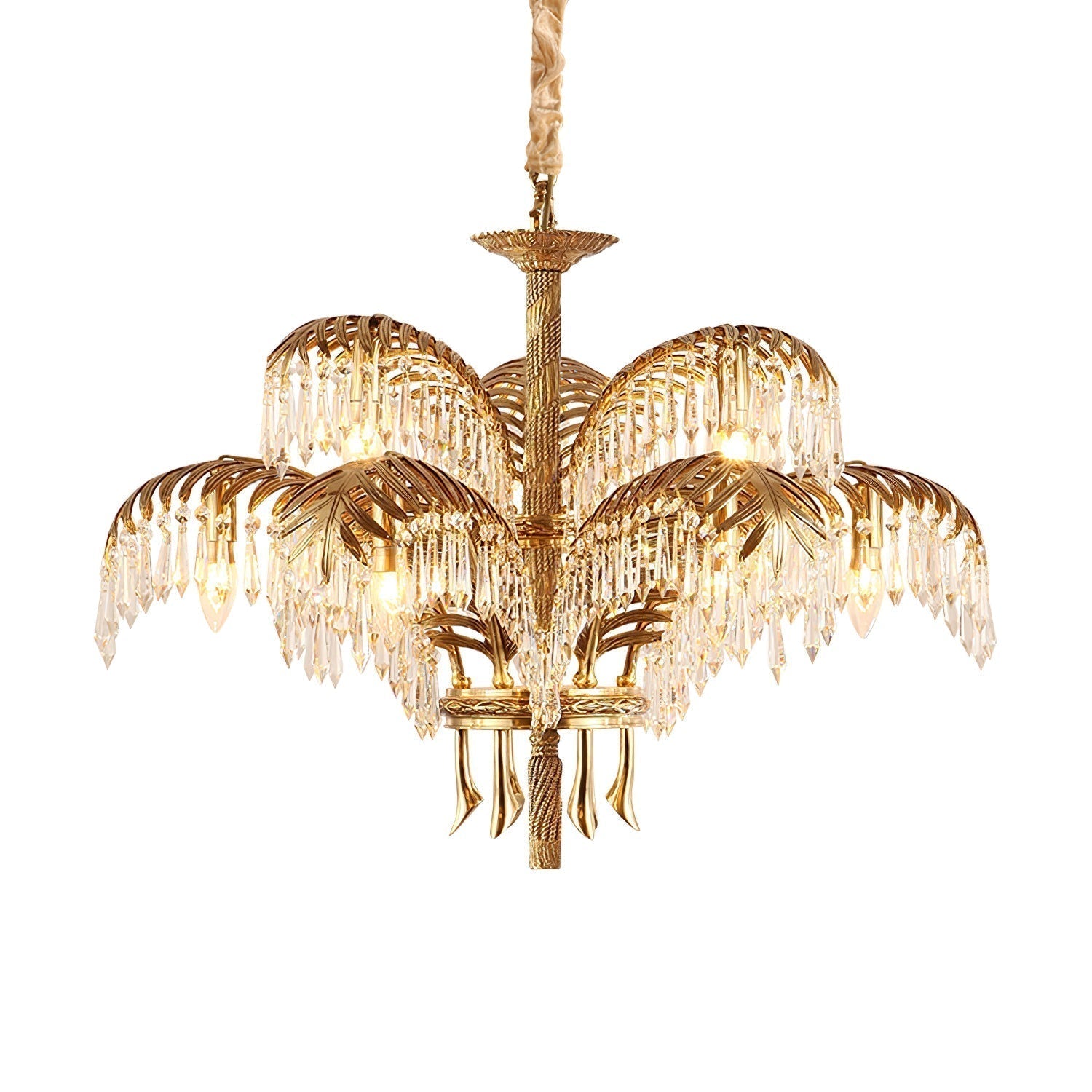 Italian Style Brass Palm Leaf Crystal Chandelier Vintage Flush Mount Ceiling Lamp