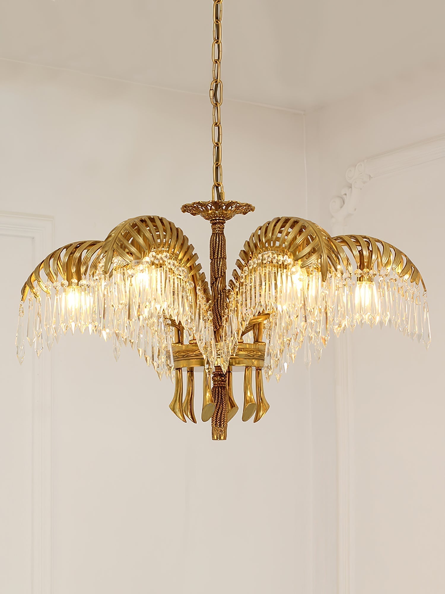 Italian Style Brass Palm Leaf Crystal Chandelier Vintage Flush Mount Ceiling Lamp