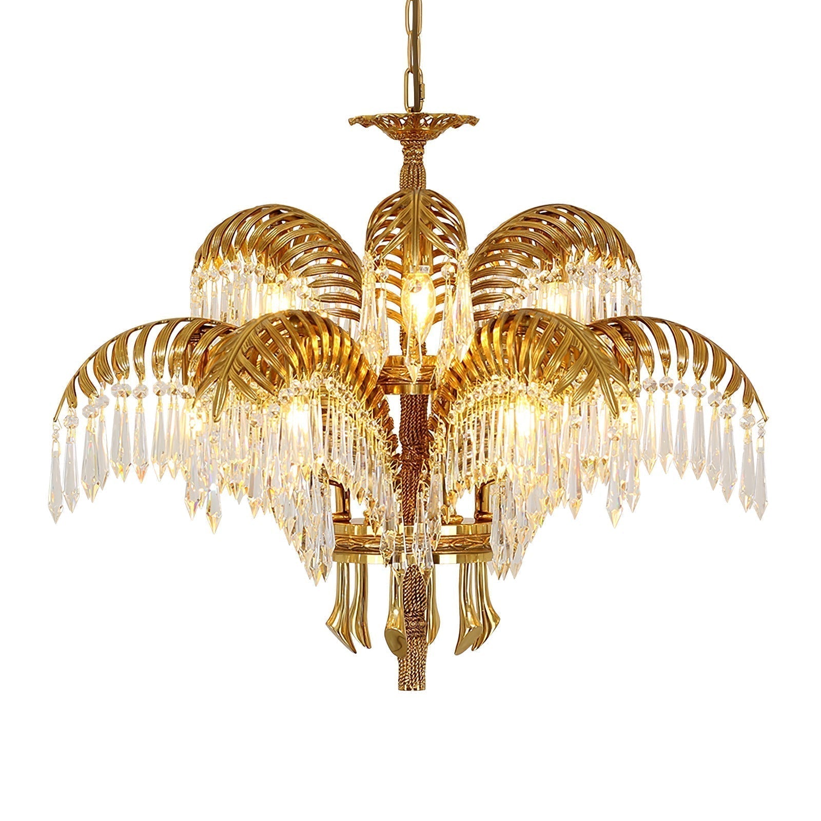 Italian Style Brass Palm Leaf Crystal Chandelier Vintage Flush Mount Ceiling Lamp