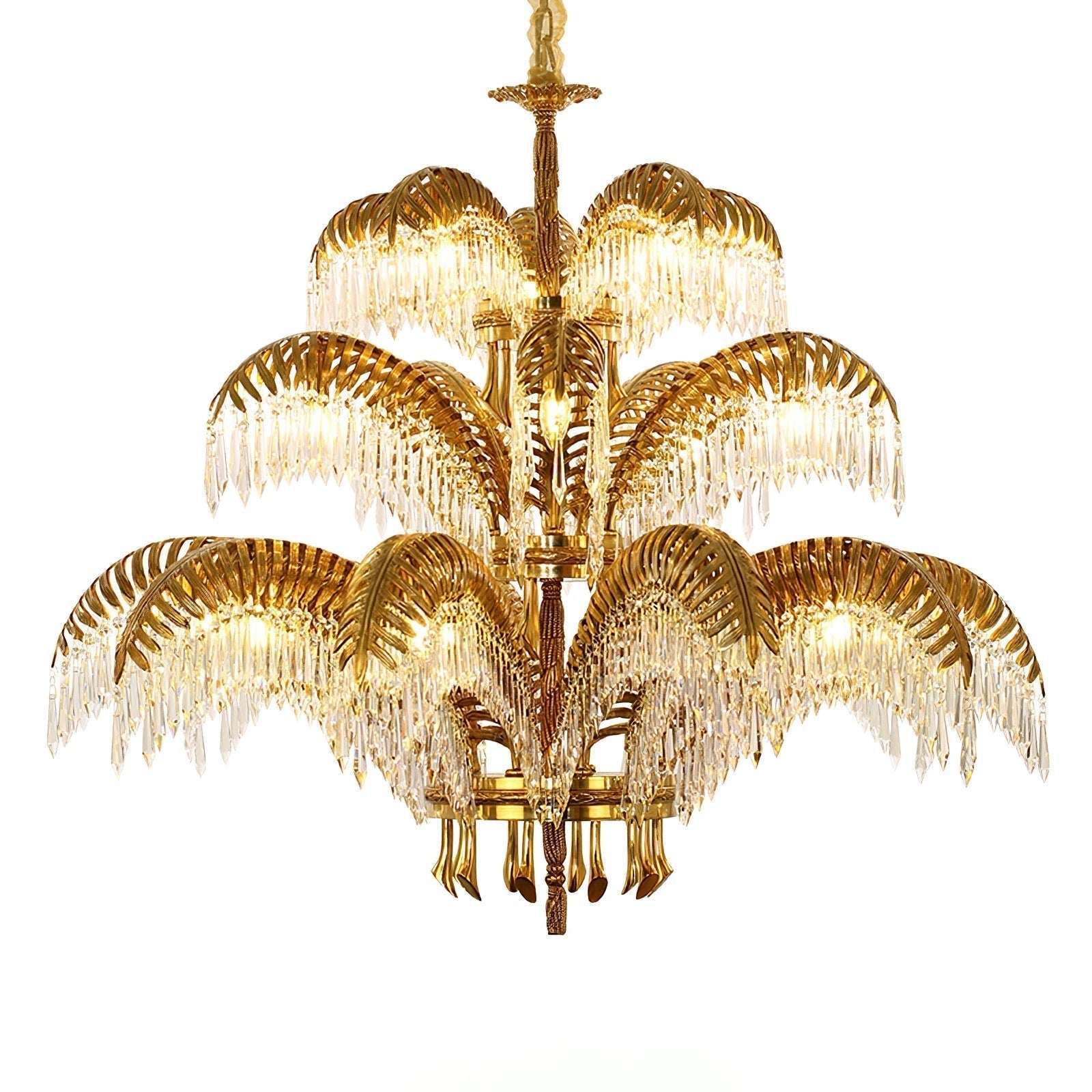 Italian Style Brass Palm Leaf Crystal Chandelier Vintage Flush Mount Ceiling Lamp