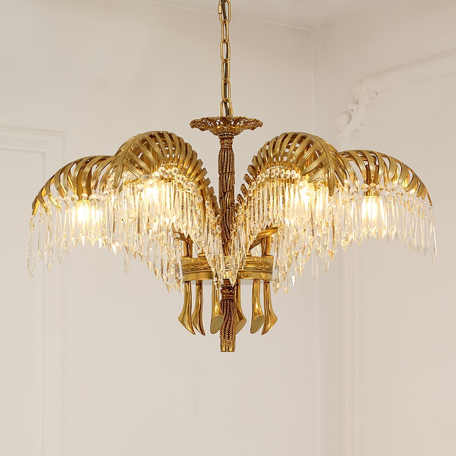 Italian Style Brass Palm Leaf Crystal Chandelier Vintage Flush Mount Ceiling Lamp