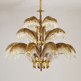 Italian Style Brass Palm Leaf Crystal Chandelier Vintage Flush Mount Ceiling Lamp