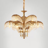 Italian Style Brass Palm Leaf Crystal Chandelier Vintage Flush Mount Ceiling Lamp