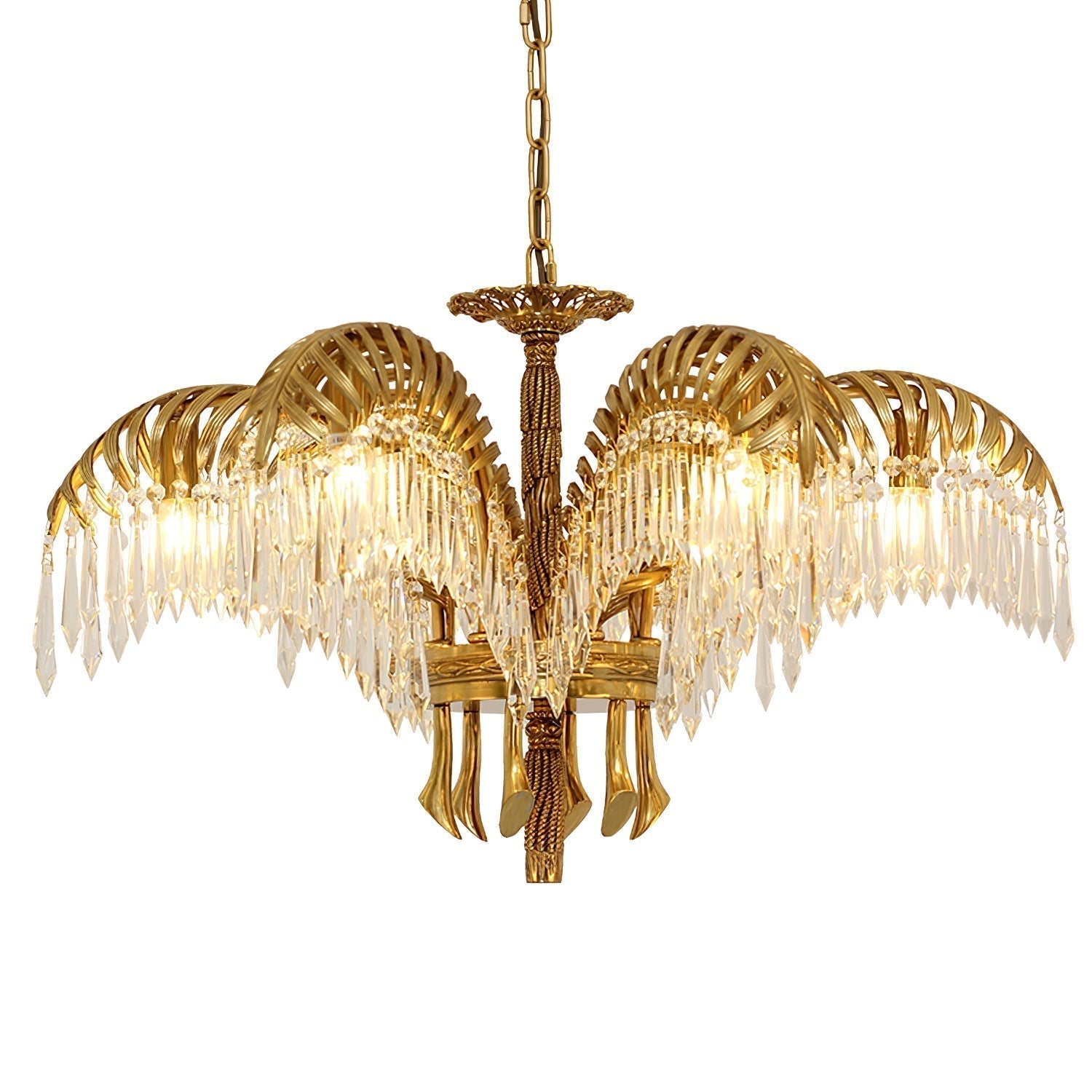 Italian Style Brass Palm Leaf Crystal Chandelier Vintage Flush Mount Ceiling Lamp