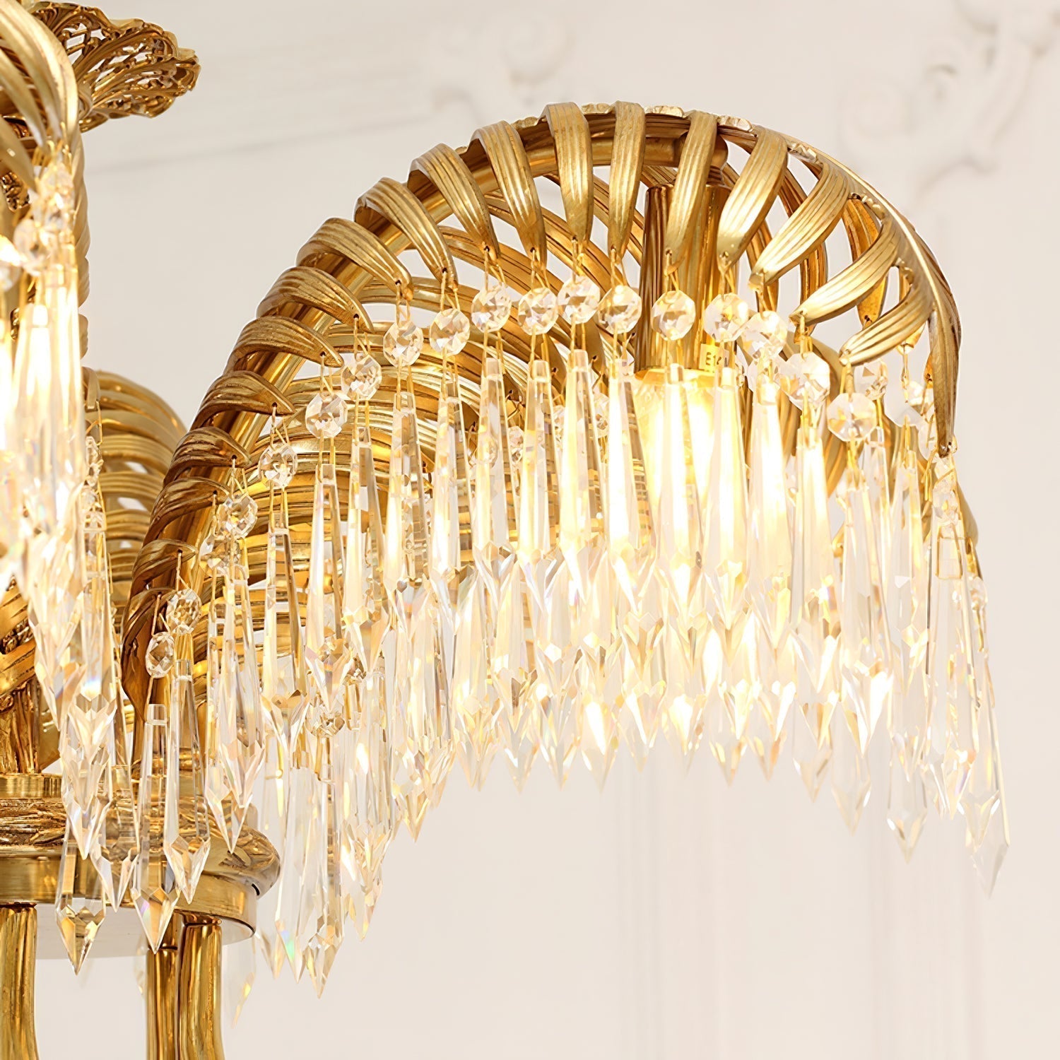 Italian Style Brass Palm Leaf Crystal Chandelier Vintage Flush Mount Ceiling Lamp