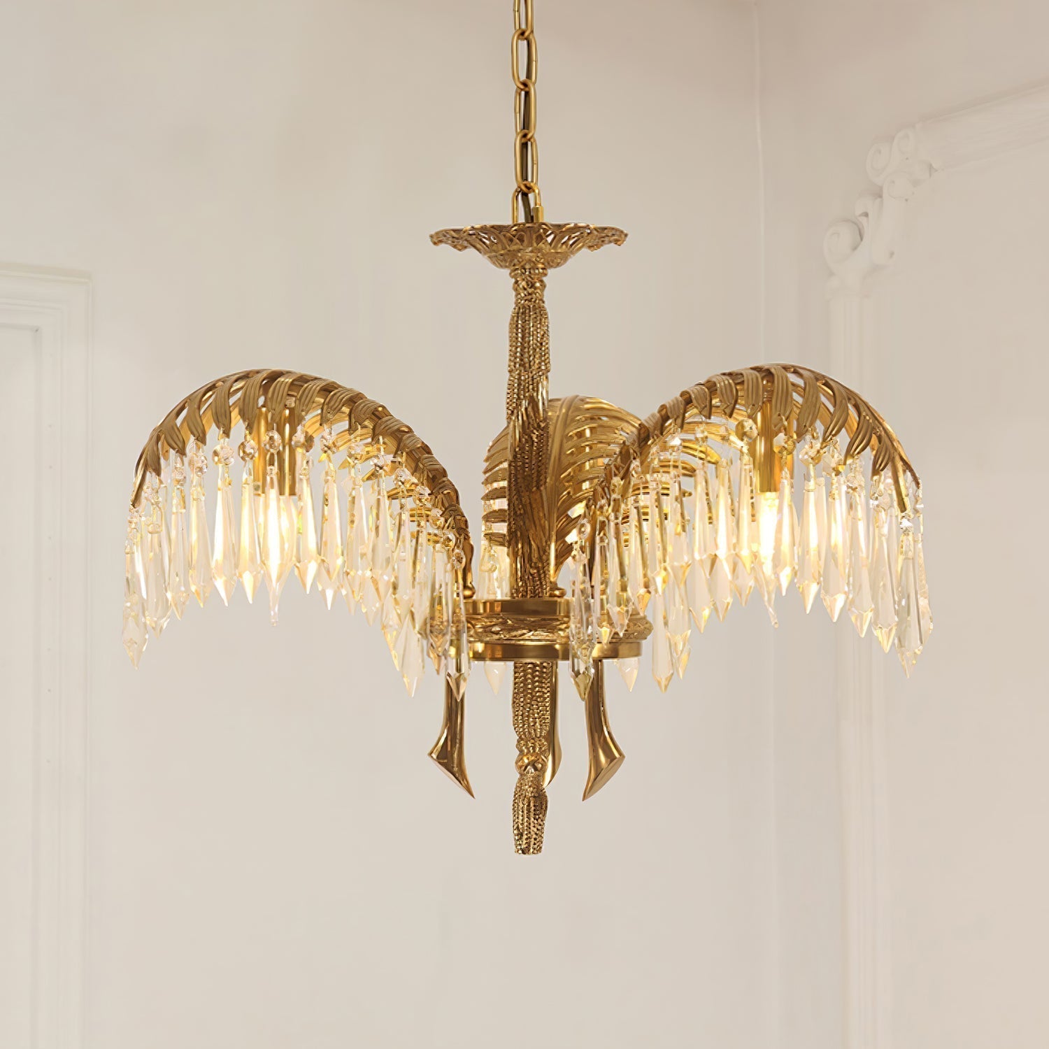 Italian Style Brass Palm Leaf Crystal Chandelier Vintage Flush Mount Ceiling Lamp