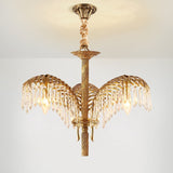 Italian Style Brass Palm Leaf Crystal Chandelier Vintage Flush Mount Ceiling Lamp