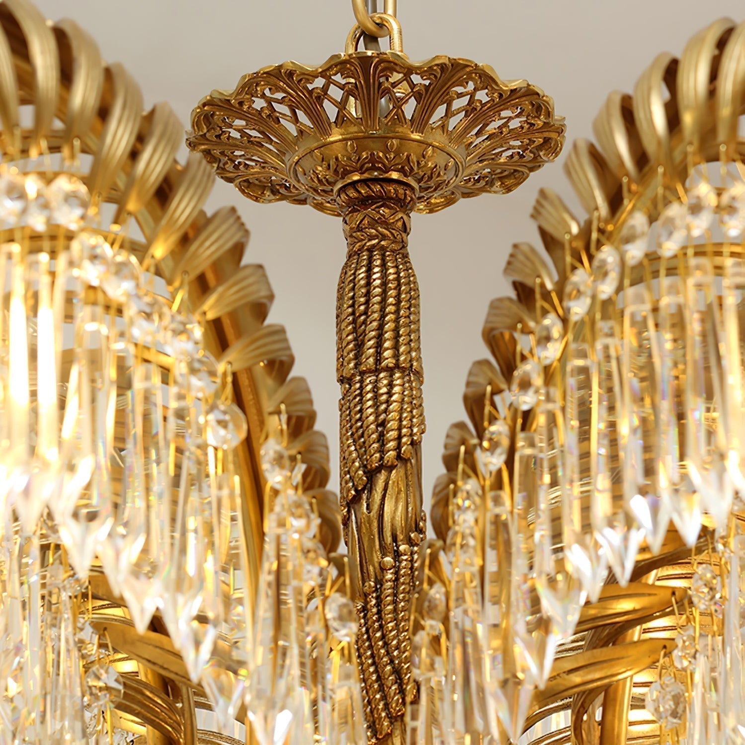 Italian Style Brass Palm Leaf Crystal Chandelier Vintage Flush Mount Ceiling Lamp
