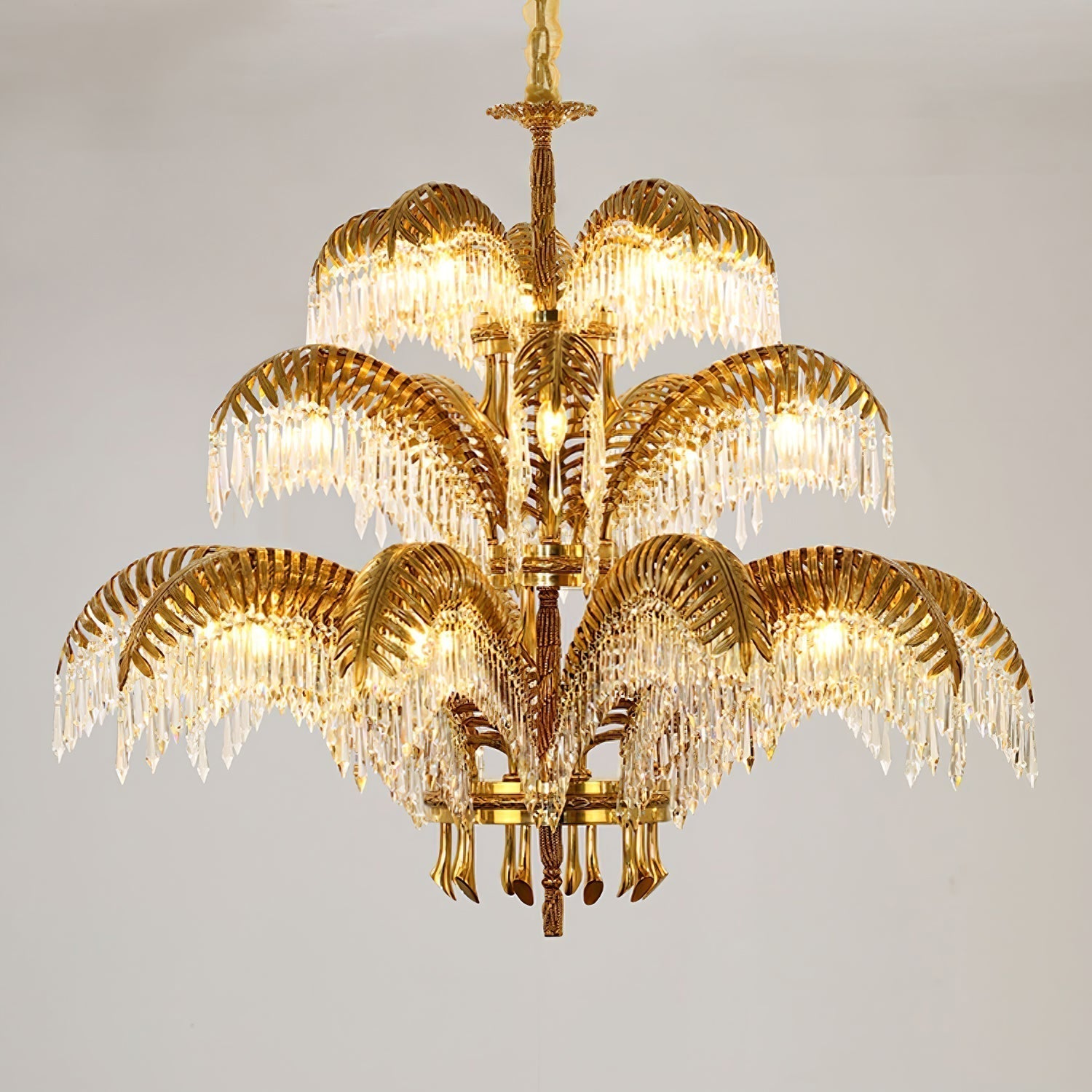 Italian Style Brass Palm Leaf Crystal Chandelier Vintage Flush Mount Ceiling Lamp