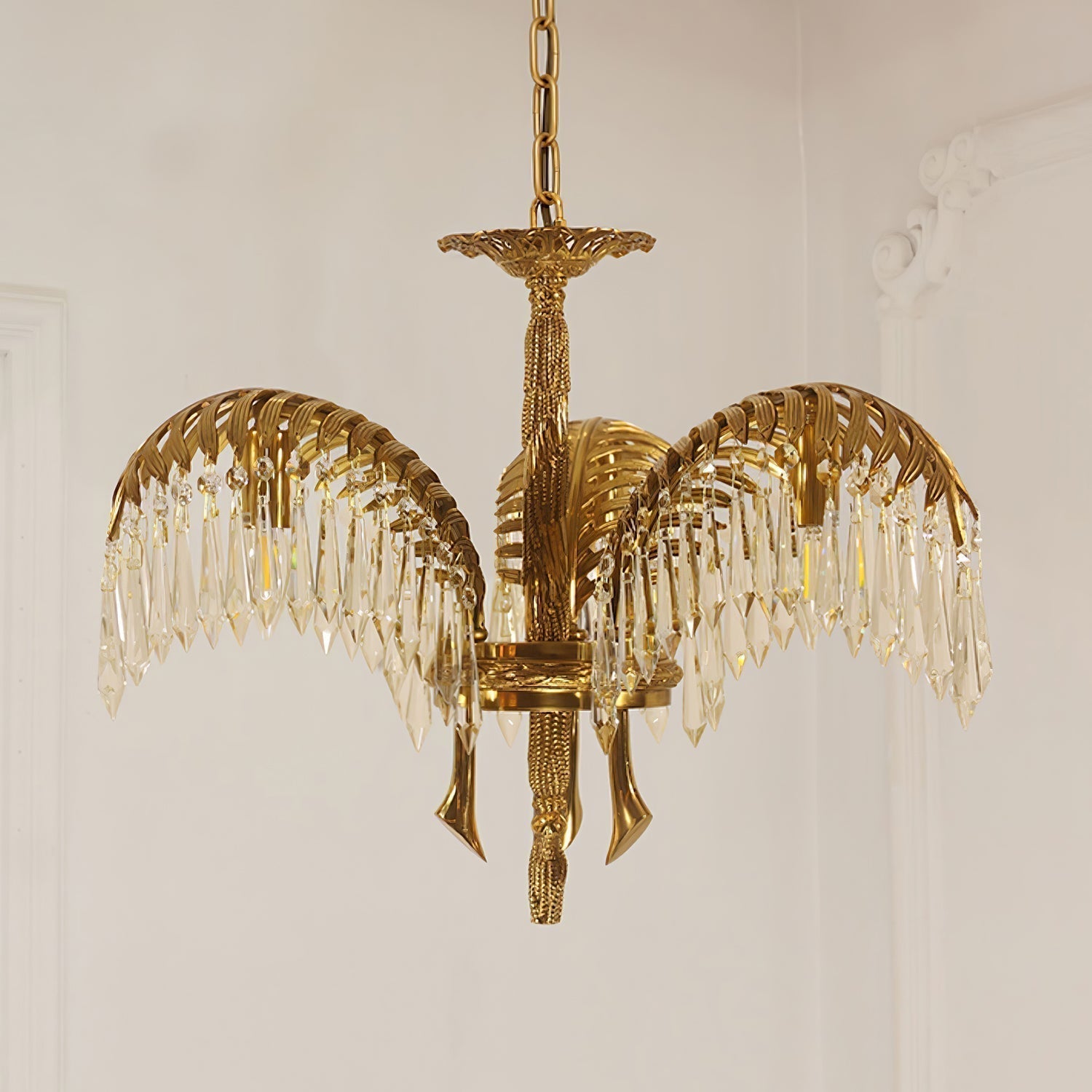Italian Style Brass Palm Leaf Crystal Chandelier Vintage Flush Mount Ceiling Lamp
