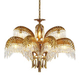 Italian Style Brass Palm Leaf Crystal Chandelier Vintage Flush Mount Ceiling Lamp