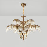 Italian Style Brass Palm Leaf Crystal Chandelier Vintage Flush Mount Ceiling Lamp