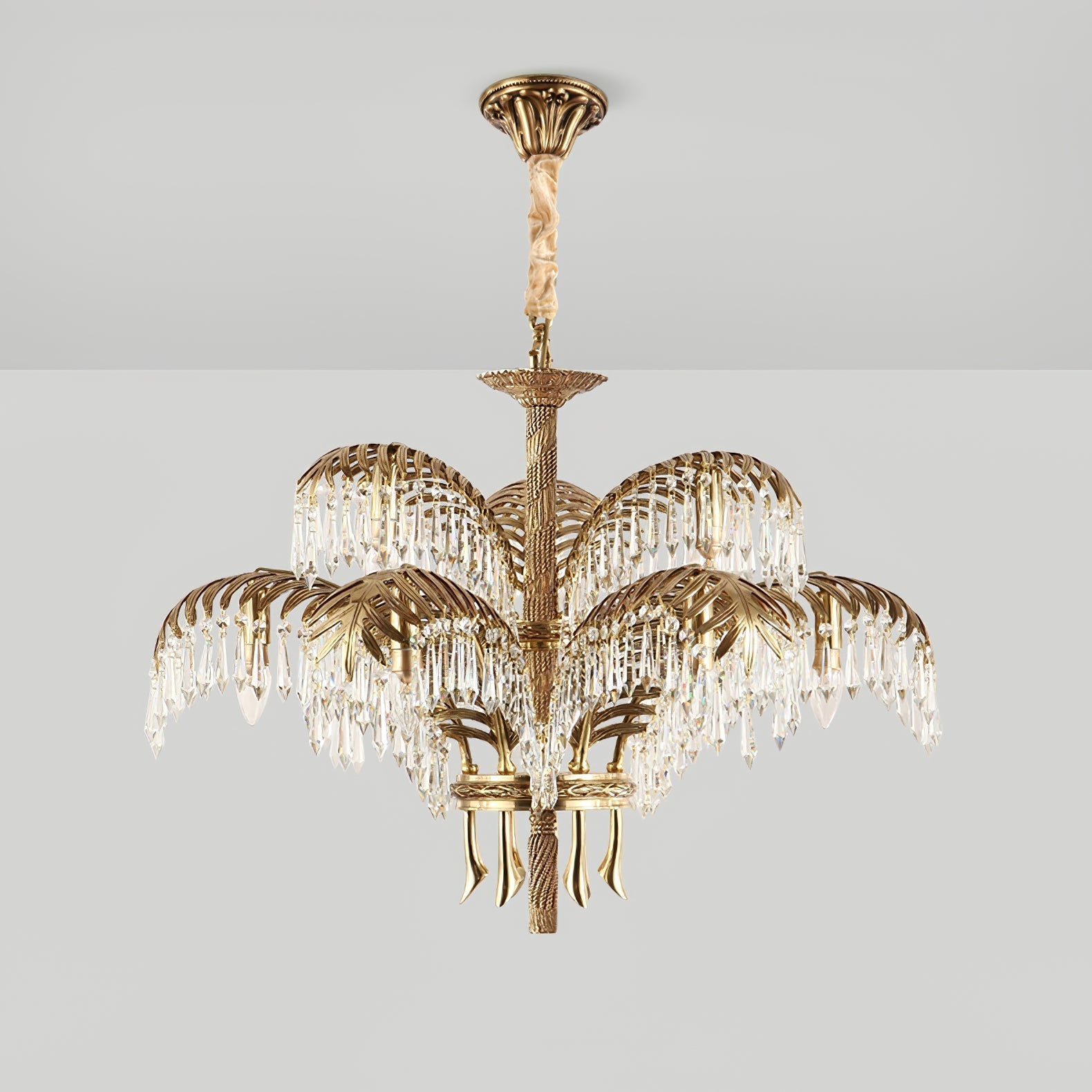 Italian Style Brass Palm Leaf Crystal Chandelier Vintage Flush Mount Ceiling Lamp