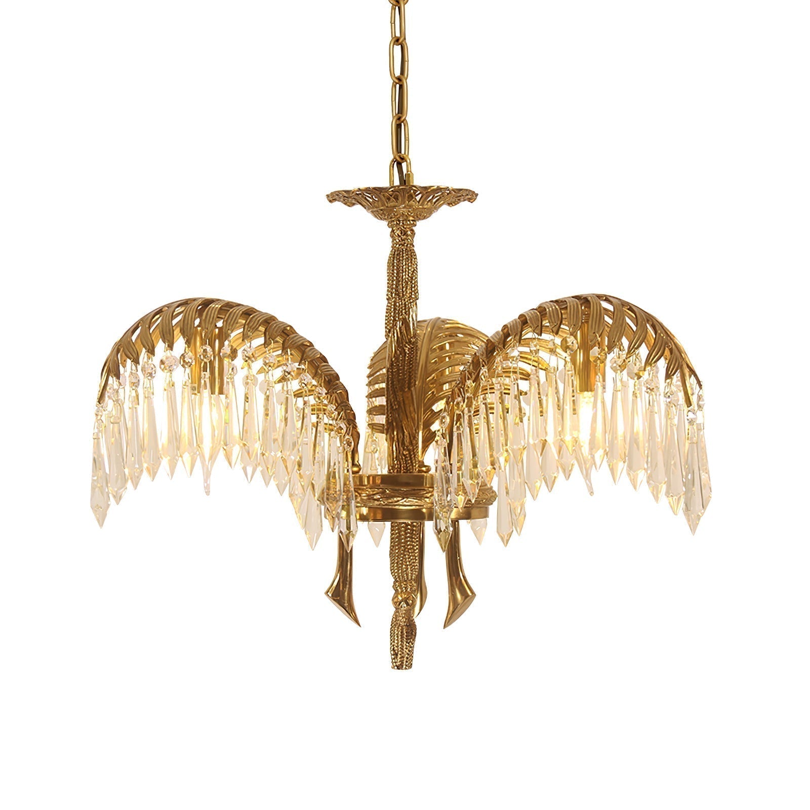 Italian Style Brass Palm Leaf Crystal Chandelier Vintage Flush Mount Ceiling Lamp