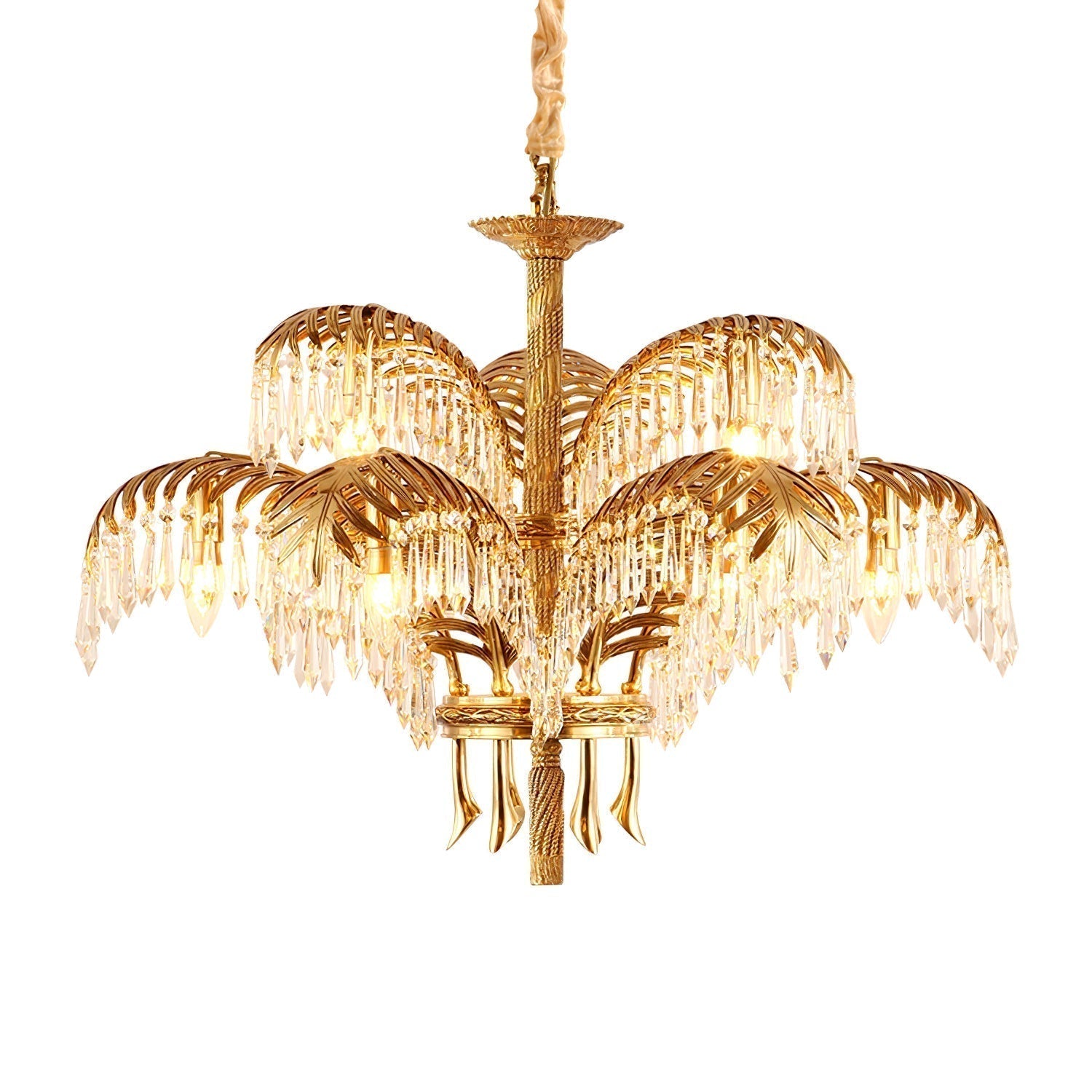 Italian Style Brass Palm Leaf Crystal Chandelier Vintage Flush Mount Ceiling Lamp