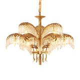 Italian Style Brass Palm Leaf Crystal Chandelier Vintage Flush Mount Ceiling Lamp