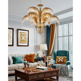 Italian Style Brass Palm Leaf Crystal Chandelier Vintage Flush Mount Ceiling Lamp