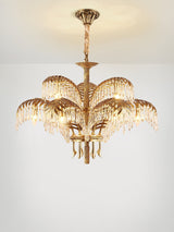 Italian Style Brass Palm Leaf Crystal Chandelier Vintage Flush Mount Ceiling Lamp