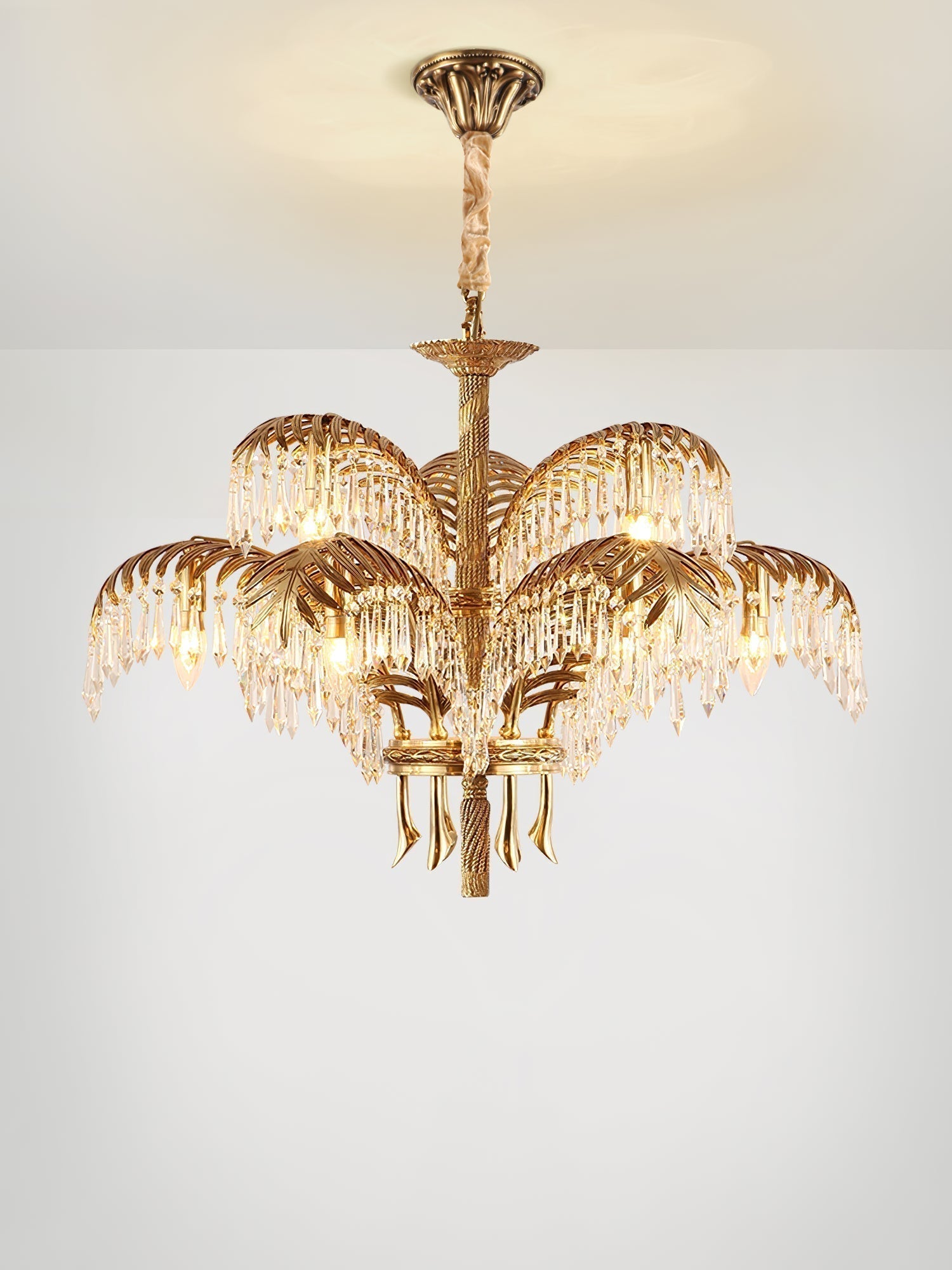 Italian Style Brass Palm Leaf Crystal Chandelier Vintage Flush Mount Ceiling Lamp