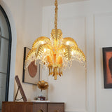 Italian Style Brass Palm Leaf Crystal Chandelier Vintage Flush Mount Ceiling Lamp