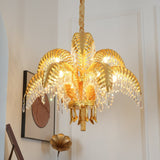 Italian Style Brass Palm Leaf Crystal Chandelier Vintage Flush Mount Ceiling Lamp