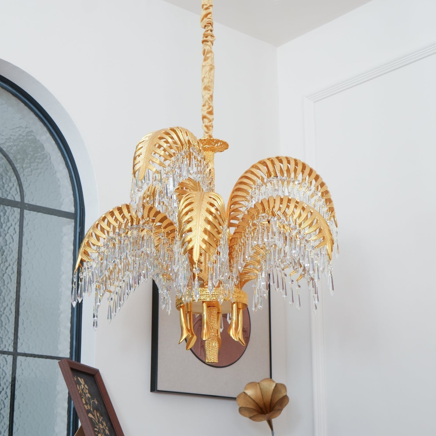 Italian Style Brass Palm Leaf Crystal Chandelier Vintage Flush Mount Ceiling Lamp