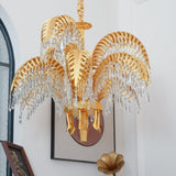 Italian Style Brass Palm Leaf Crystal Chandelier Vintage Flush Mount Ceiling Lamp