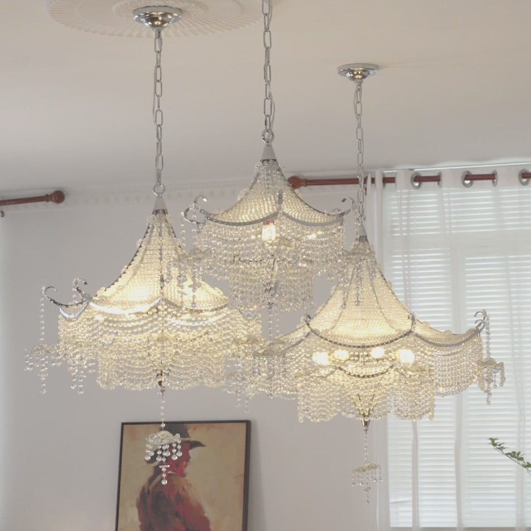 Italian Style Crystal Tassel Pagoda Chandelier Chrome Pendant Light with 3 Color Dimming