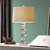 Modern Stacked Crystal Sphere Table Lamp 25 Inch Height with White Linen Drum Shade