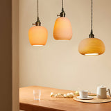 Japanese Style Handmade Ceramic Pendant Light with Round Striped Shade and Brass Base