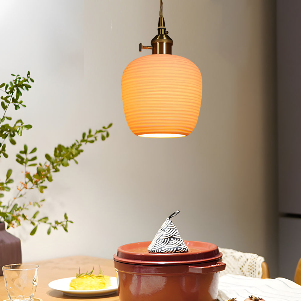 Japanese Style Handmade Ceramic Pendant Light with Round Striped Shade and Brass Base