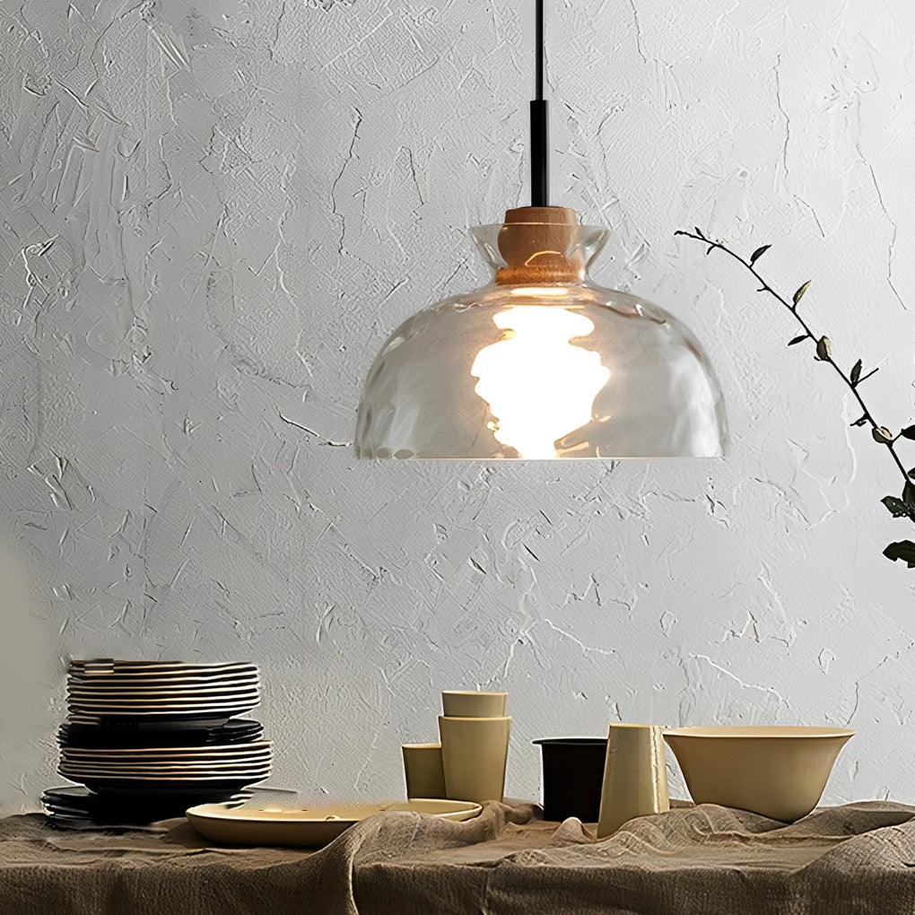 Japanese Style Round Glass and Wood Pendant Light Minimalist Small Chandelier Ceiling Lamp